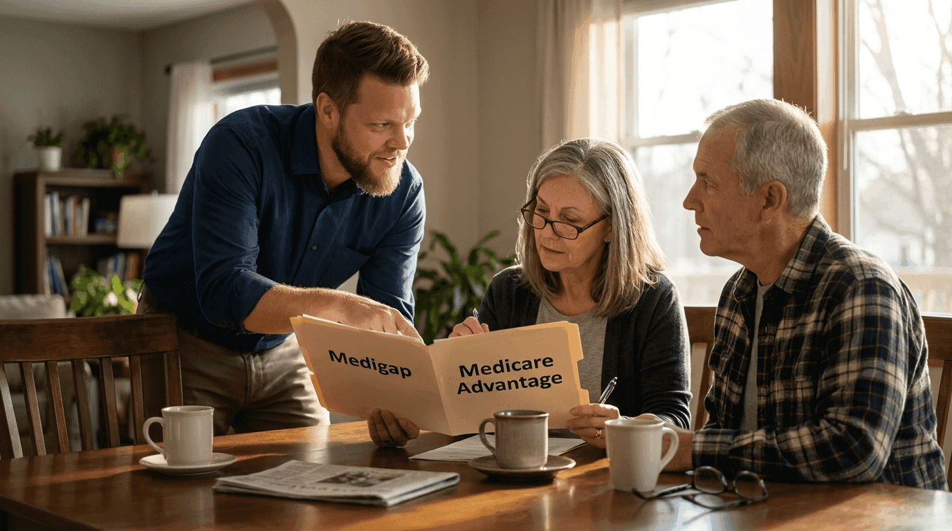 An older Utah couple reviewing a long-term care plan at a kitchen table.